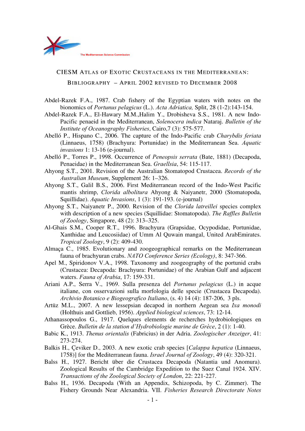 CIESM a : – APRIL 2002 2008 Abdel-Razek F.A., 1987. Crab