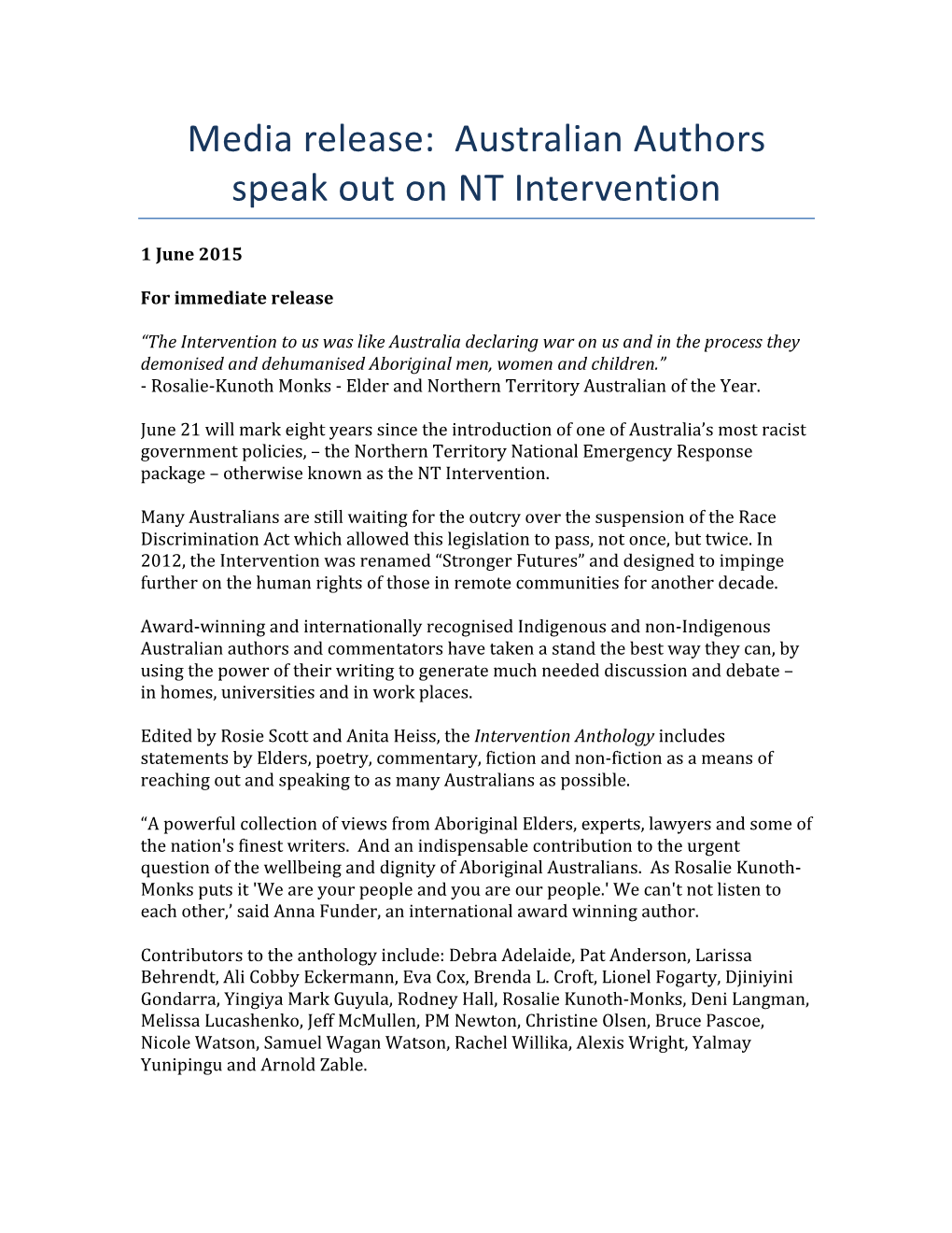 Media Release Australian Authors Speak out on NT Intervention