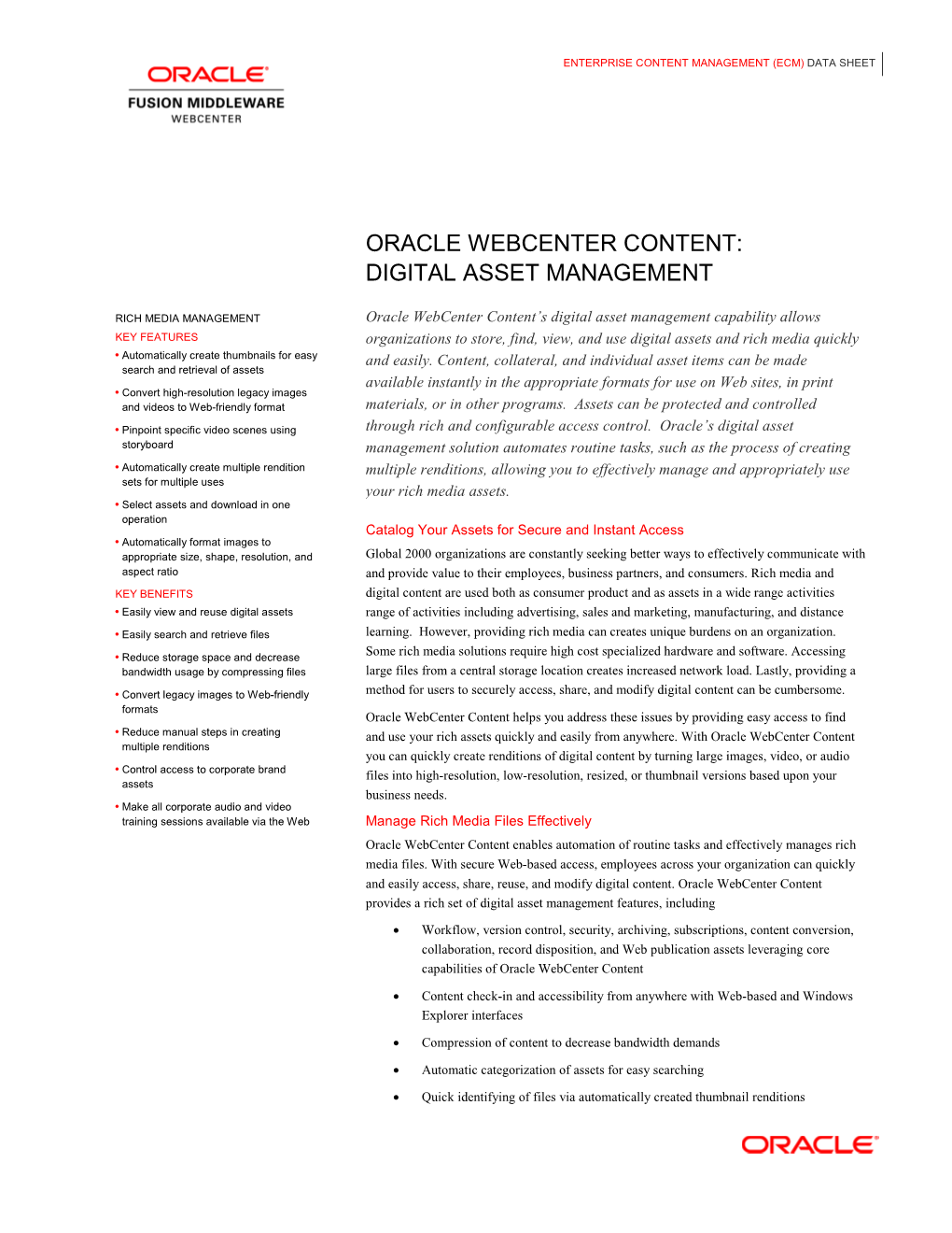 Oracle Webcenter Content Digital Asset Management Datasheet