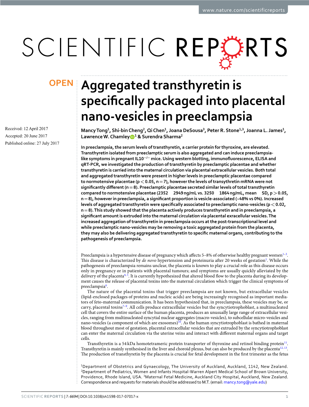 Aggregated Transthyretin Is Specifically Packaged Into Placental Nano