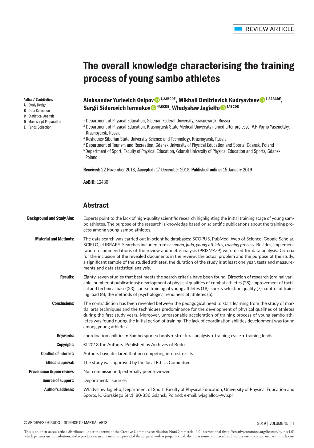 The Overall Knowledge Characterising the Training Process of Young Sambo Athletes