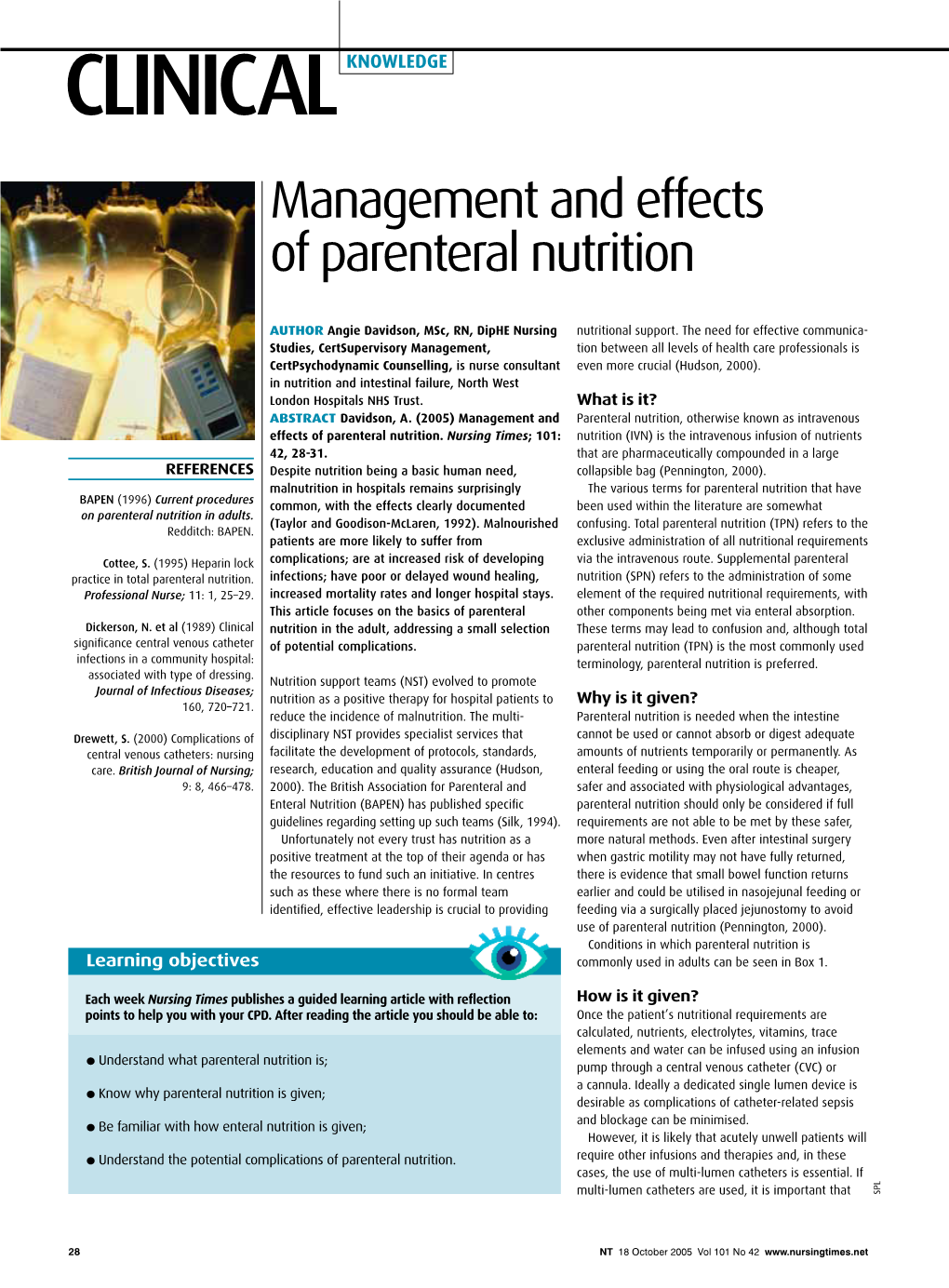 CLINICAL KNOWLEDGE Management and Effects of Parenteral Nutrition