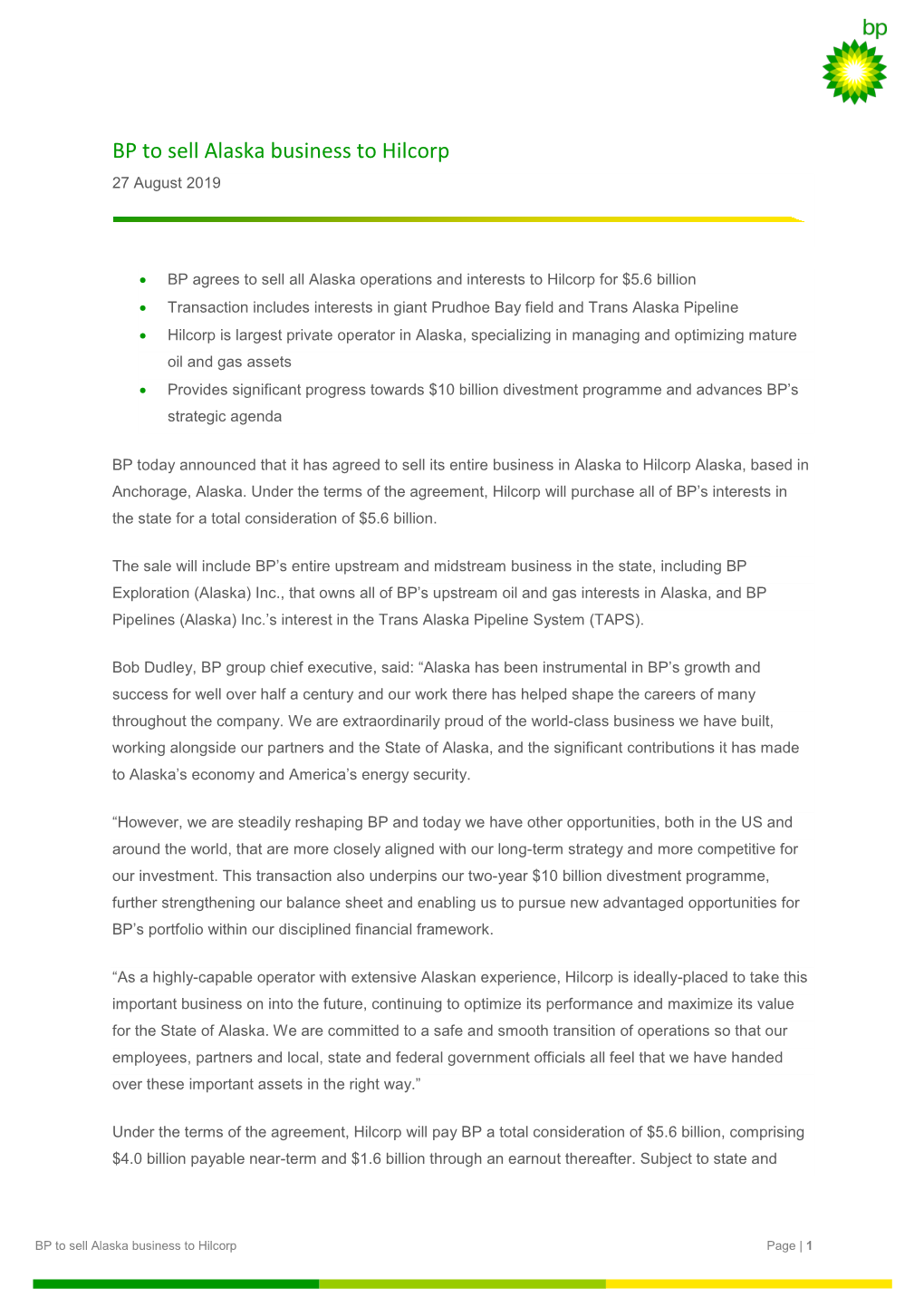 BP to Sell Alaska Business to Hilcorp 27 August 2019