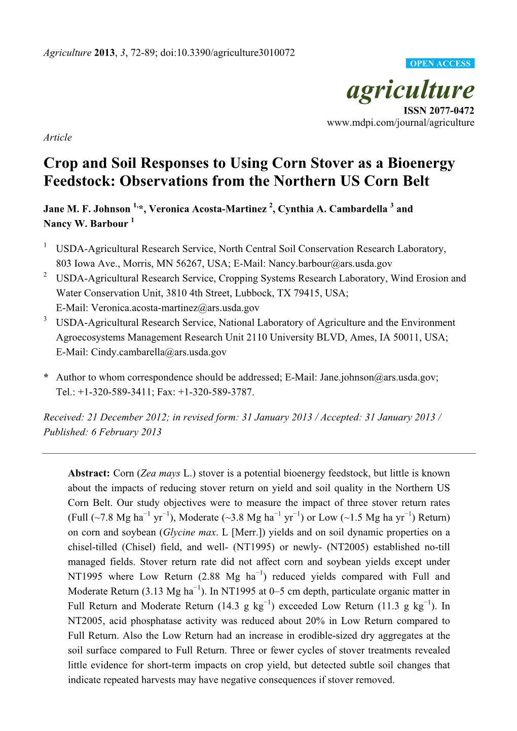 Crop and Soil Responses to Using Corn Stover As a Bioenergy Feedstock: Observations from the Northern US Corn Belt