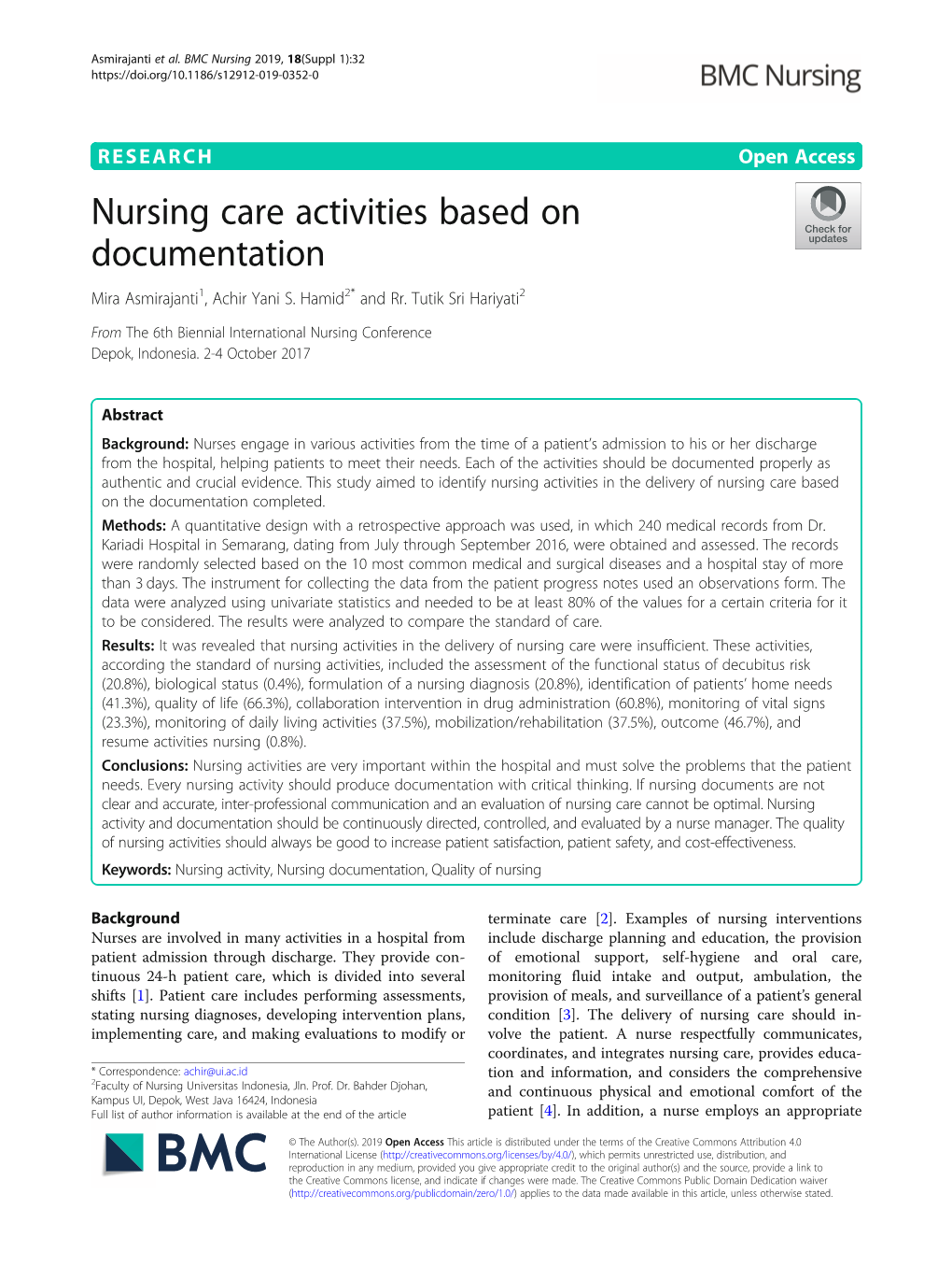 Nursing Care Activities Based on Documentation Mira Asmirajanti1, Achir Yani S