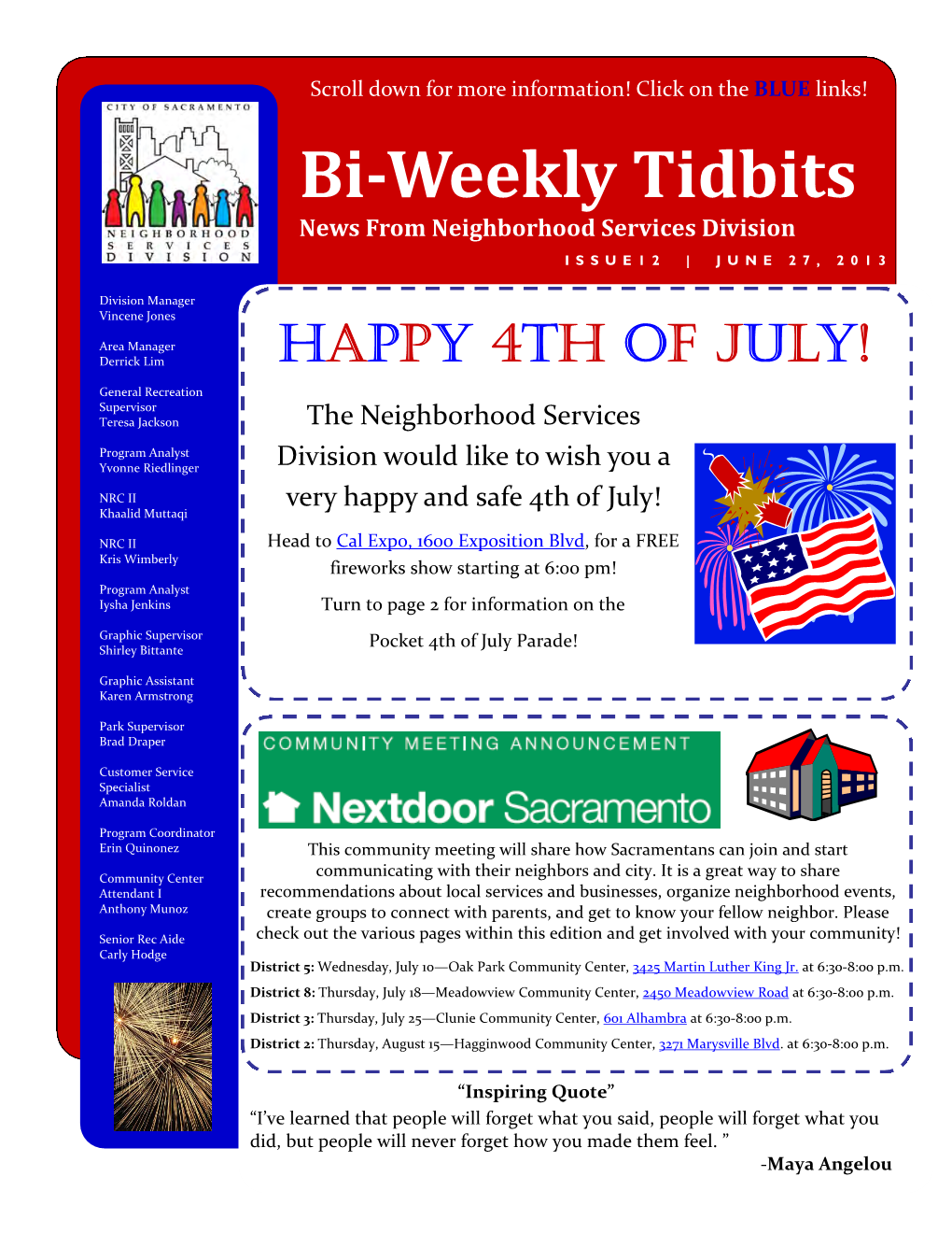 Bi-Weekly Tidbits News from Neighborhood Services Division ISSUE12 | JUNE 27, 2013