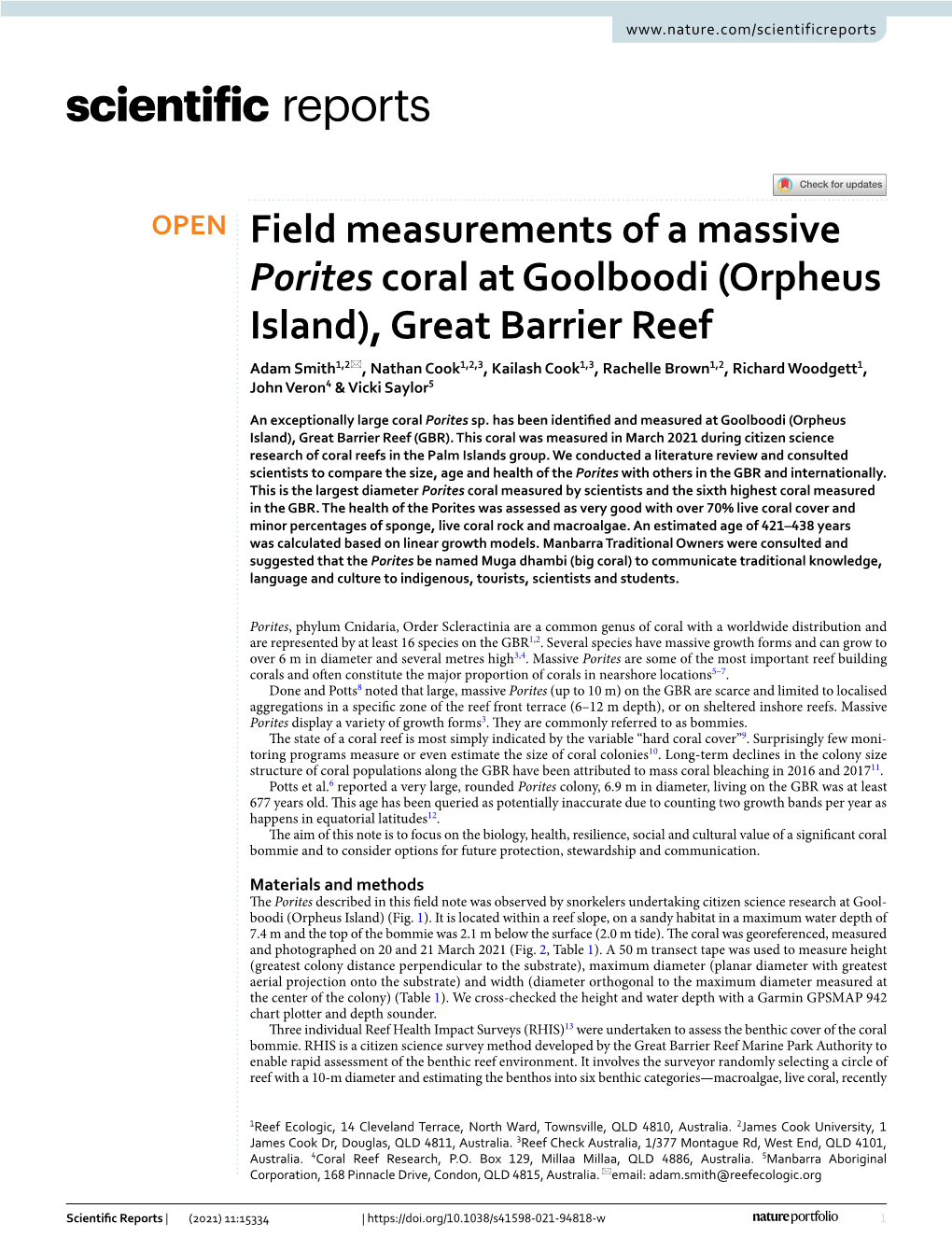 Field Measurements of a Massive Porites Coral at Goolboodi