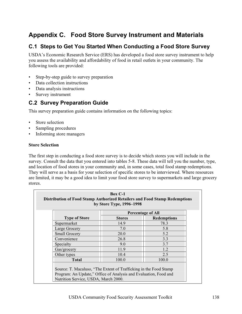 Appendix C. Food Store Survey Instrument and Materials