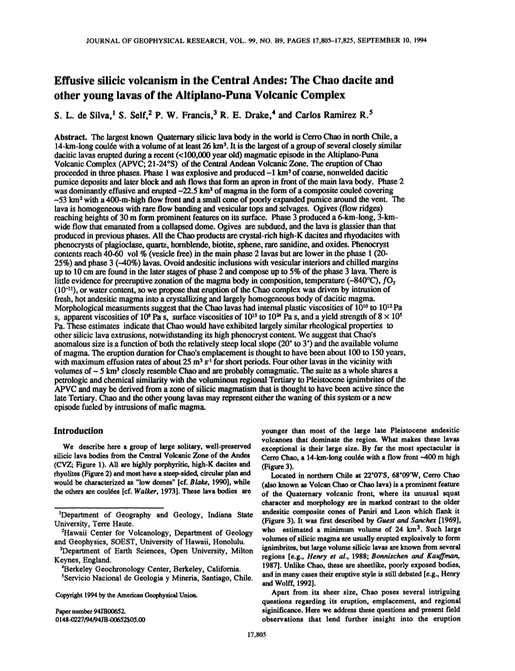 Effusive Silicic Volcanism in the Central Andes: the Chao Dacite and Other Young Lavas of the Altiplano&Hyphen;Puna Volcanic