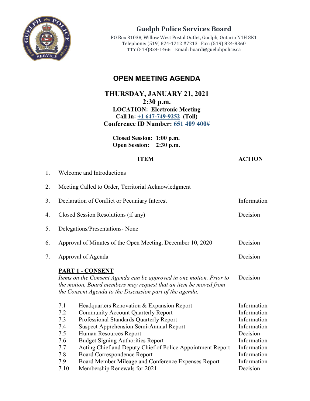 OPEN MEETING AGENDA THURSDAY, JANUARY 21, 2021 2:30 Pm