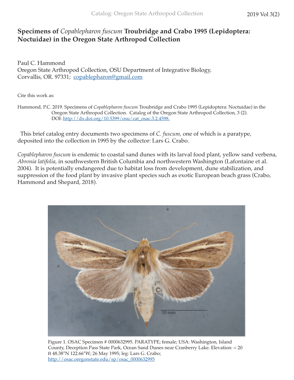 Specimens of Copablepharon Fuscum Troubridge and Crabo 1995 (Lepidoptera: Noctuidae) in the Oregon State Arthropod Collection