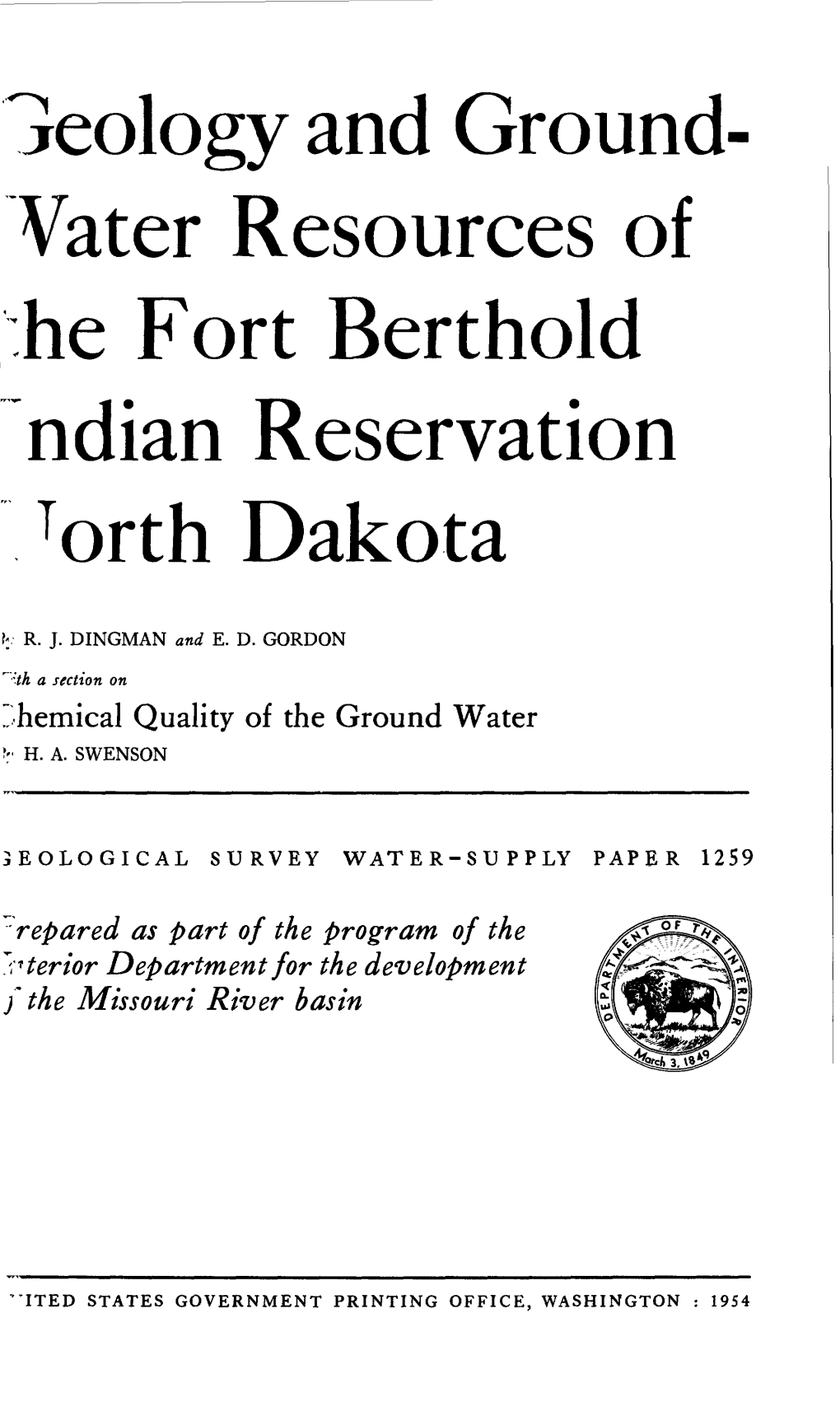 Geology and Ground Vater Resources of He Fort Berthold Ndian Reservation Torth Dakota