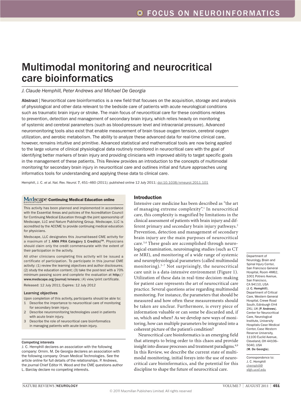 Multimodal Monitoring and Neurocritical Care Bioinformatics J