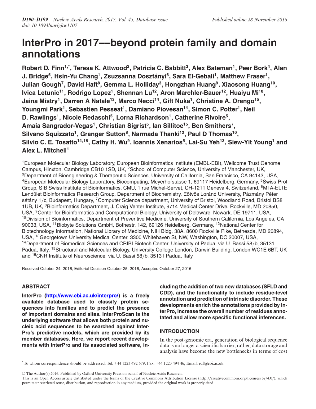 Interpro in 2017––Beyond Protein Family and Domain Annotations Robert D