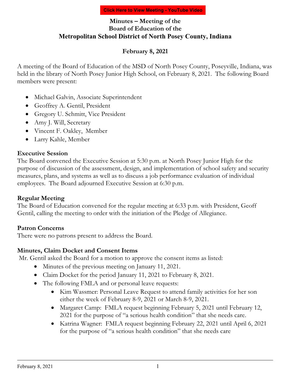 Minutes – Meeting of the Board of Education of the Metropolitan School District of North Posey County, Indiana