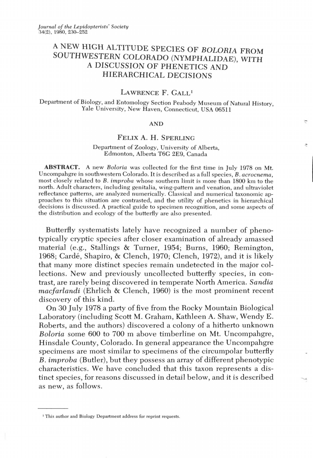 A New High Altitude Species of Boloria from Southwestern Colorado (Nymphalidae), with a Discussion of Phenetics and Hierarchical Decisions