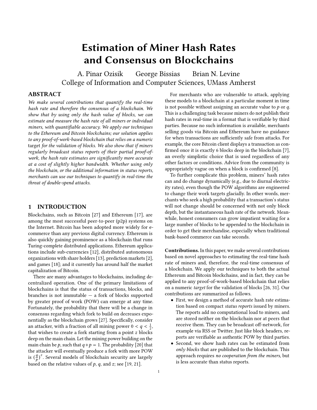 Estimation of Miner Hash Rates and Consensus on Blockchains A