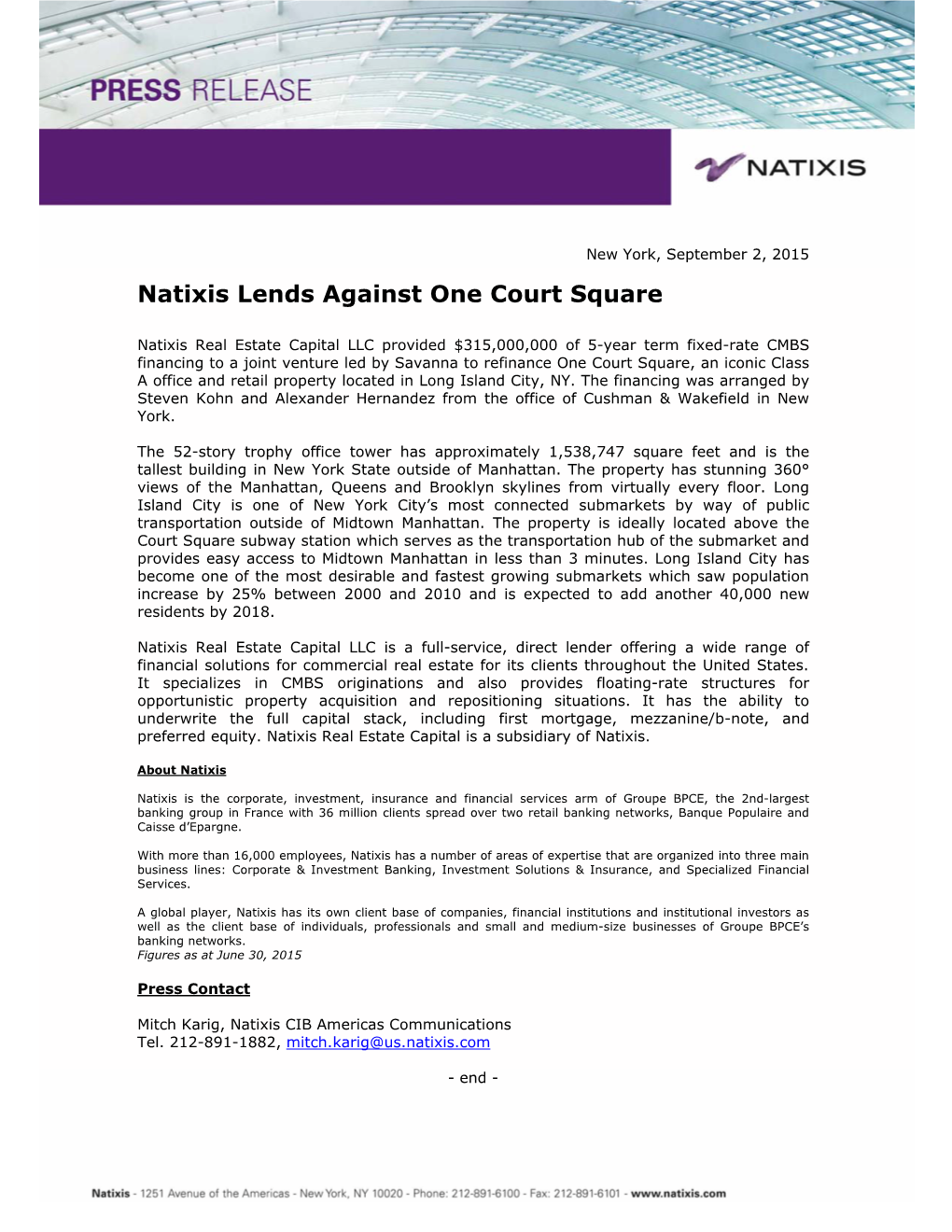 Natixis Lends Against One Court Square