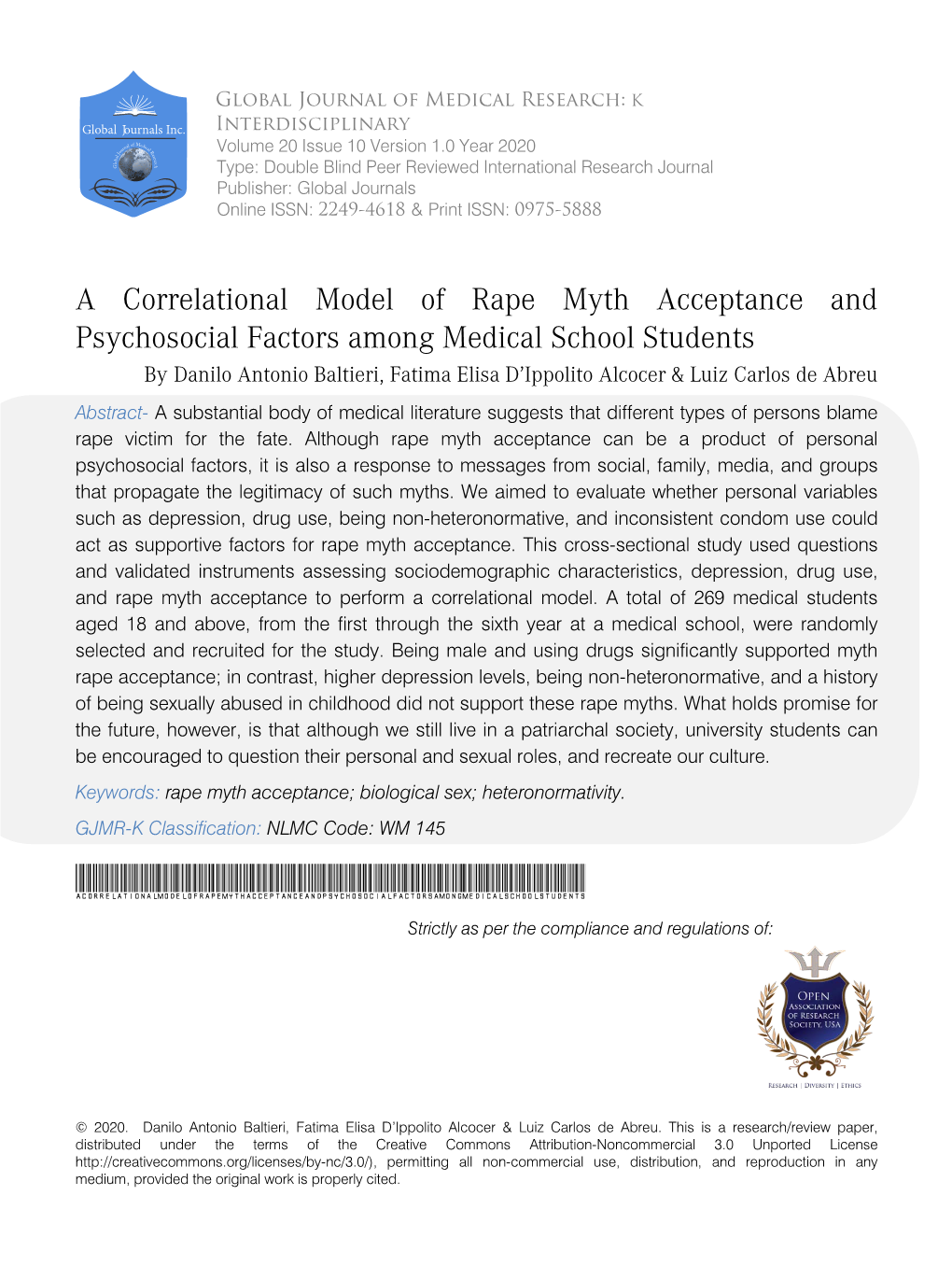 A Correlational Model of Rape Myth Acceptance and Psychosocial Factors Among Medical School Students