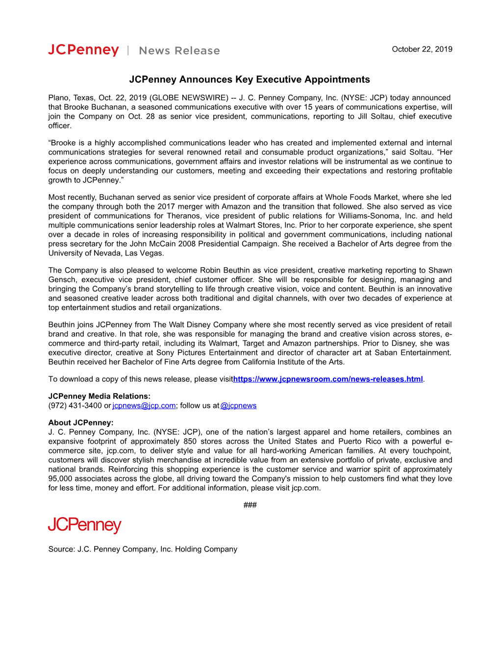 Jcpenney Announces Key Executive Appointments