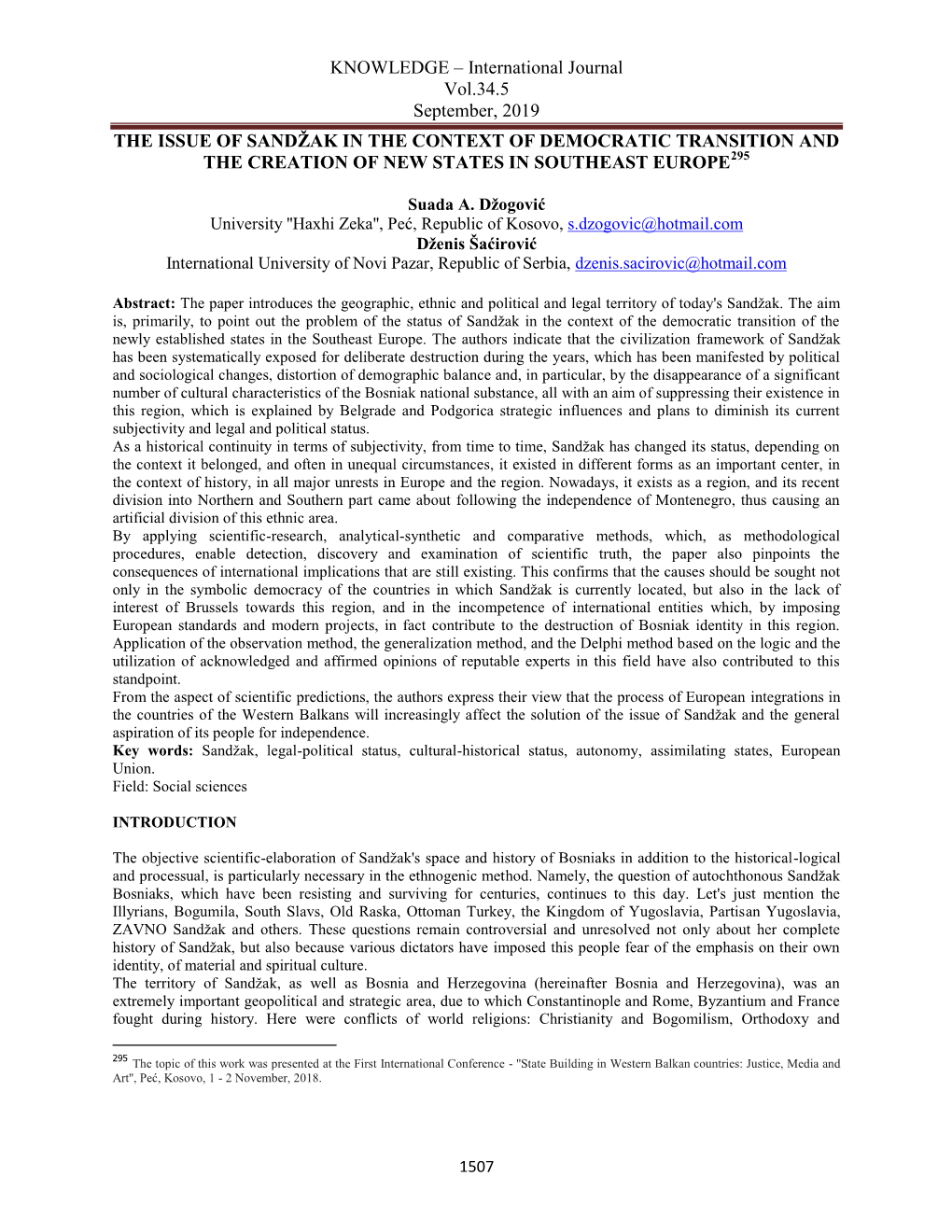 International Journal Vol.34.5 September, 2019 the ISSUE of SANDŽAK in the CONTEXT of DEMOCRATIC TRANSITION and 295 the CREATION of NEW STATES in SOUTHEAST EUROPE