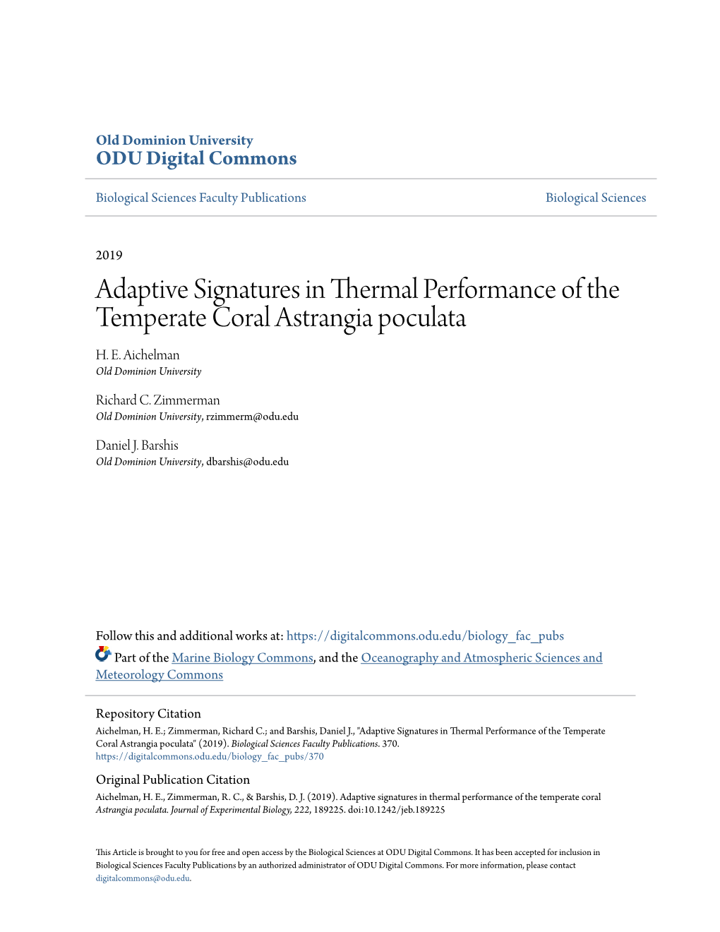 Adaptive Signatures in Thermal Performance of the Temperate Coral Astrangia Poculata H