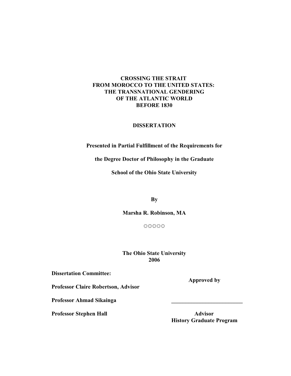 Crossing the Strait from Morocco to the United States: the Transnational Gendering of the Atlantic World Before 1830