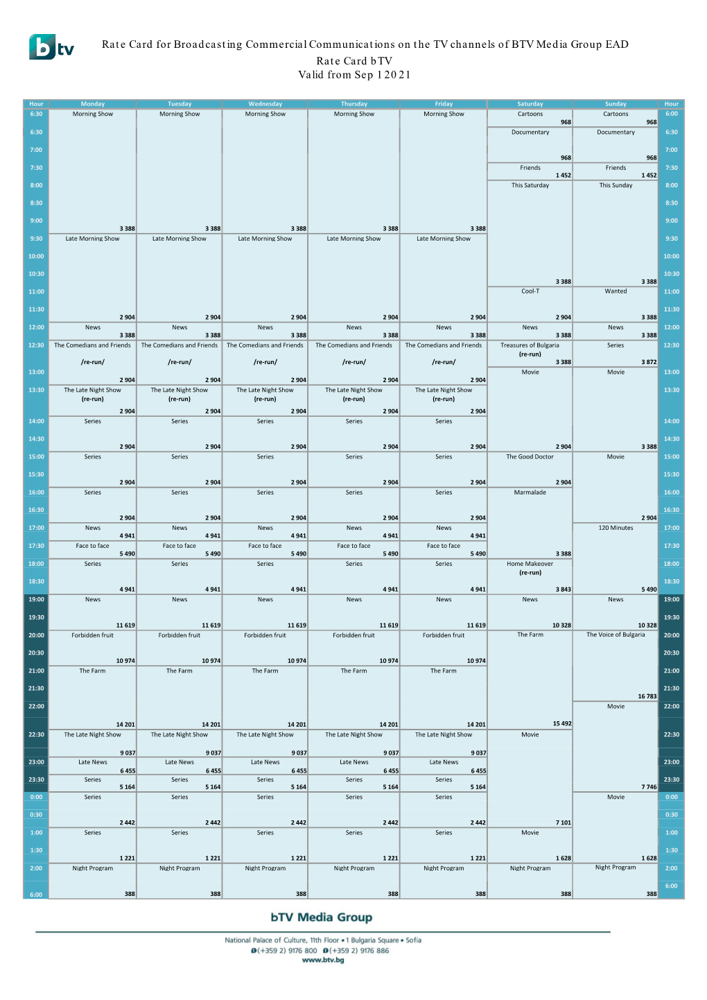 Rate Card Btv Valid from Sep 1 2021 Rate Card for Broadcasting