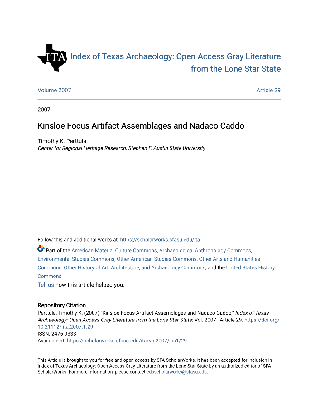 Kinsloe Focus Artifact Assemblages and Nadaco Caddo