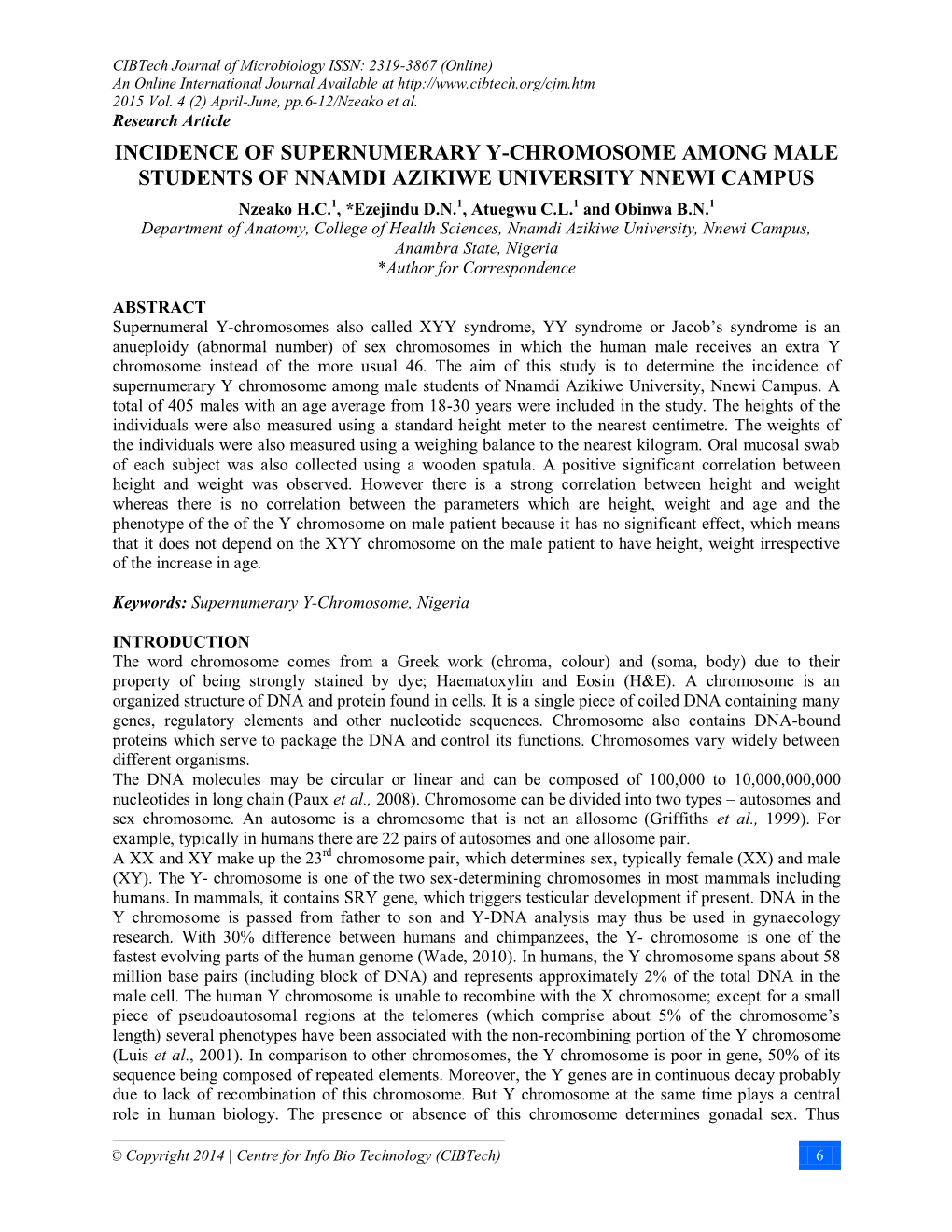 Incidence of Supernumerary Y-Chromosome Among Male