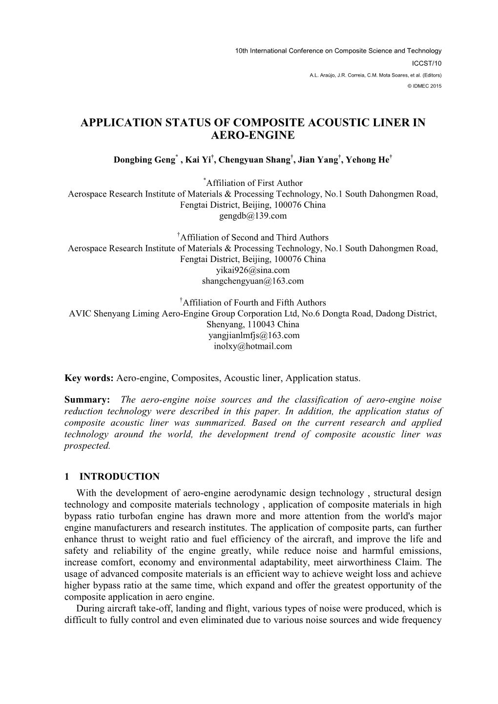 Full Paper ICCST10 APPLICATION STATUS of COMPOSITE ACOUSTIC LINER in AERO-ENGINE