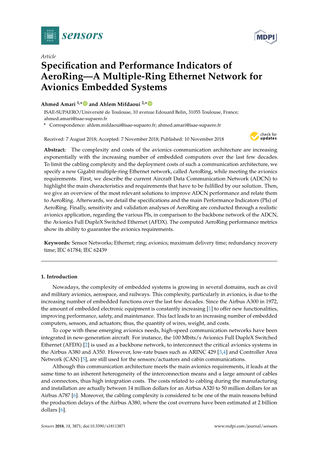 Specification and Performance Indicators of Aeroring—A Multiple-Ring Ethernet Network for Avionics Embedded Systems