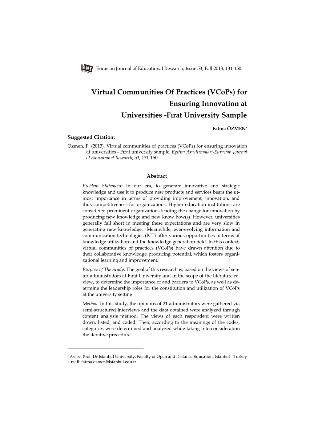 Vcops) for Ensuring Innovation at Universities -Fırat University Sample