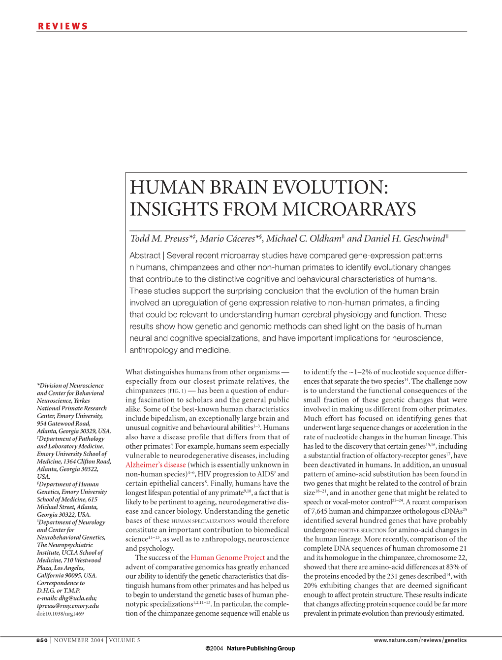 Human Brain Evolution: Insights from Microarrays