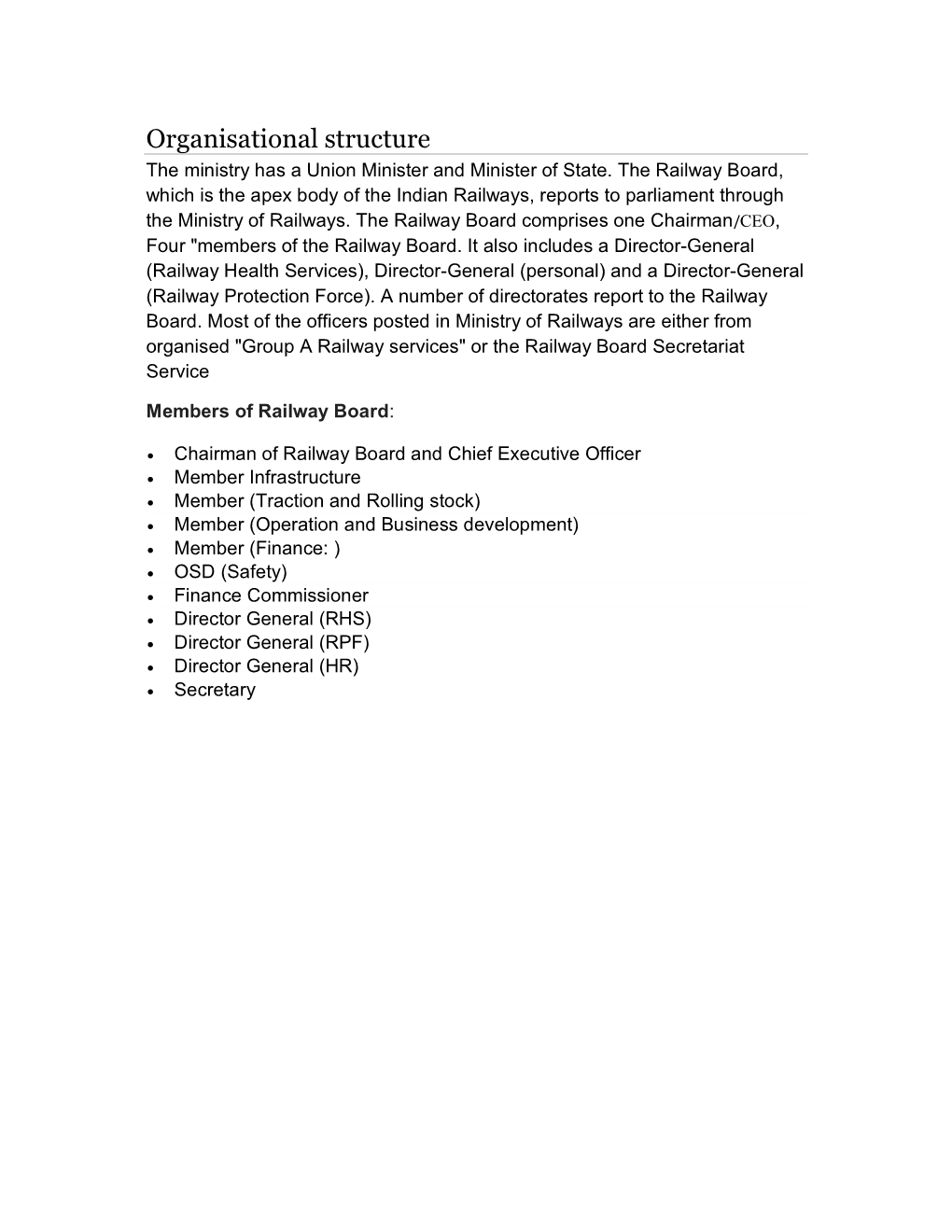 Organisational Structure the Ministry Has a Union Minister and Minister of State