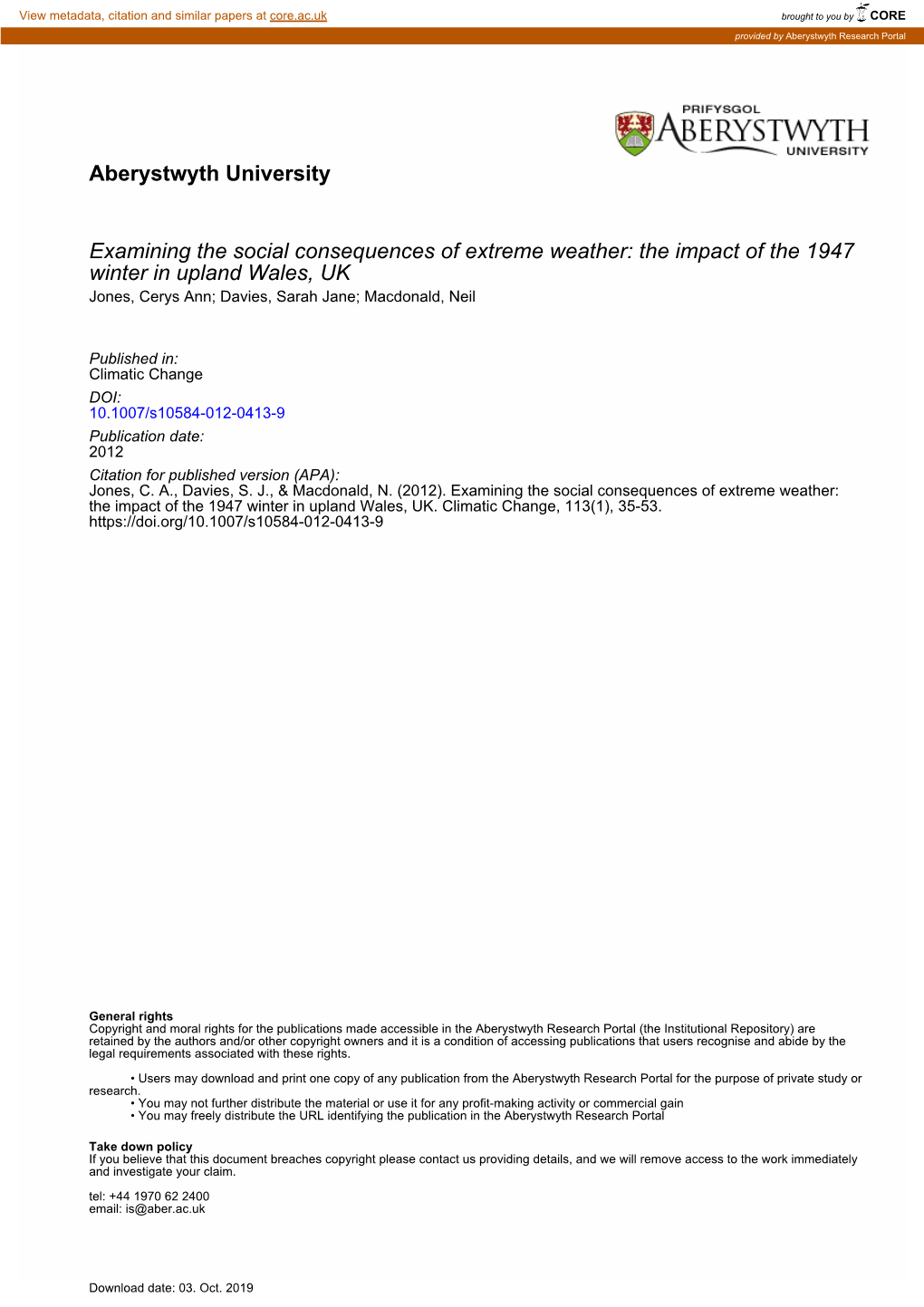 Aberystwyth University Examining the Social Consequences of Extreme Weather: the Impact of the 1947 Winter in Upland Wales, UK