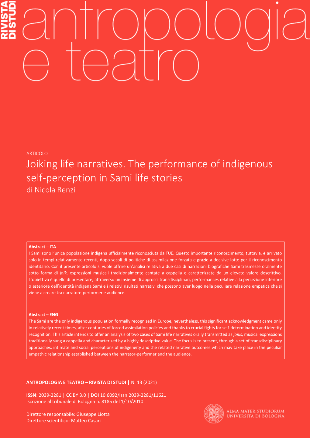 Joiking Life Narratives. the Performance of Indigenous Self-Perception in Sami Life Stories Di Nicola Renzi
