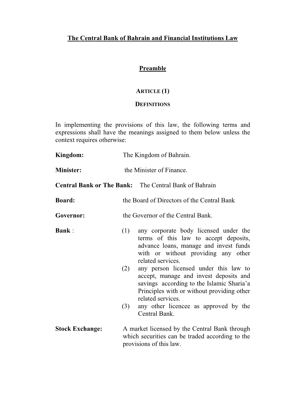 The Central Bank of Bahrain and Financial Institutions Law Preamble