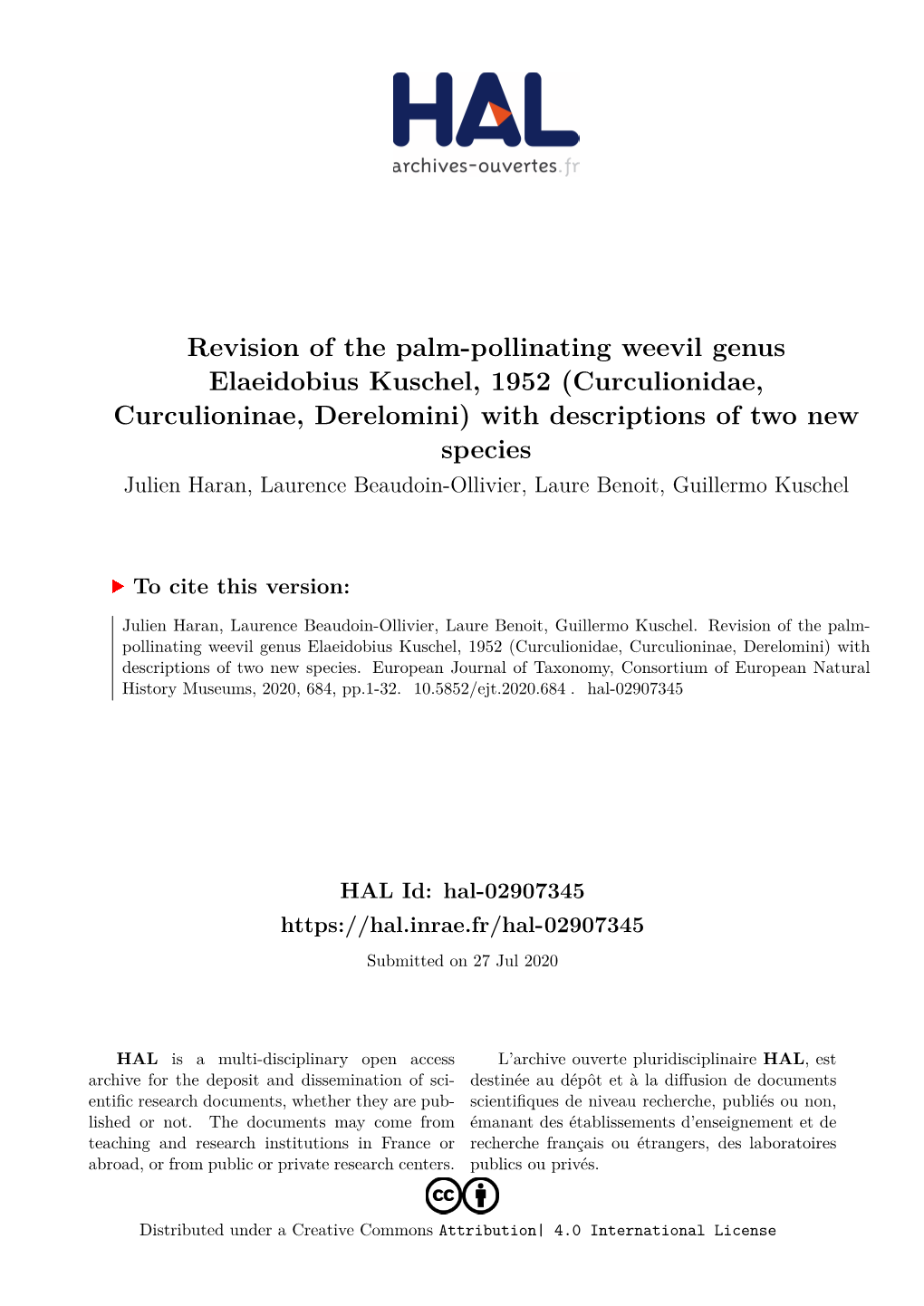 Curculionidae, Curculioninae, Derelomini) with Descriptions of Two New Species Julien Haran, Laurence Beaudoin-Ollivier, Laure Benoit, Guillermo Kuschel