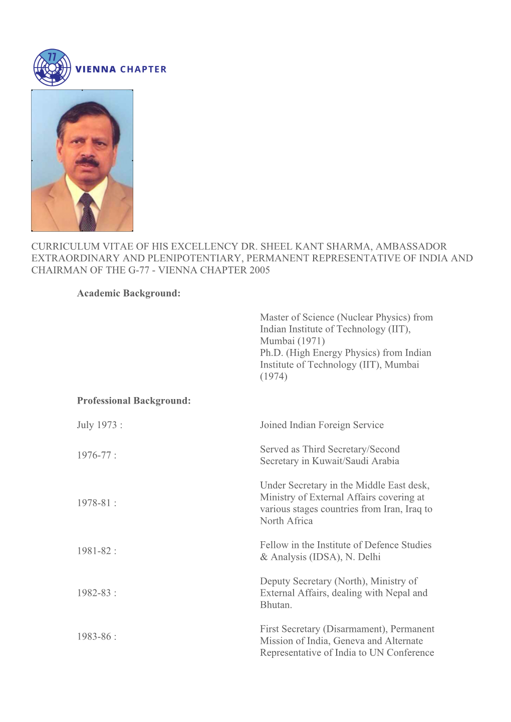 Curriculum Vitae of His Excellency Dr. Sheel Kant