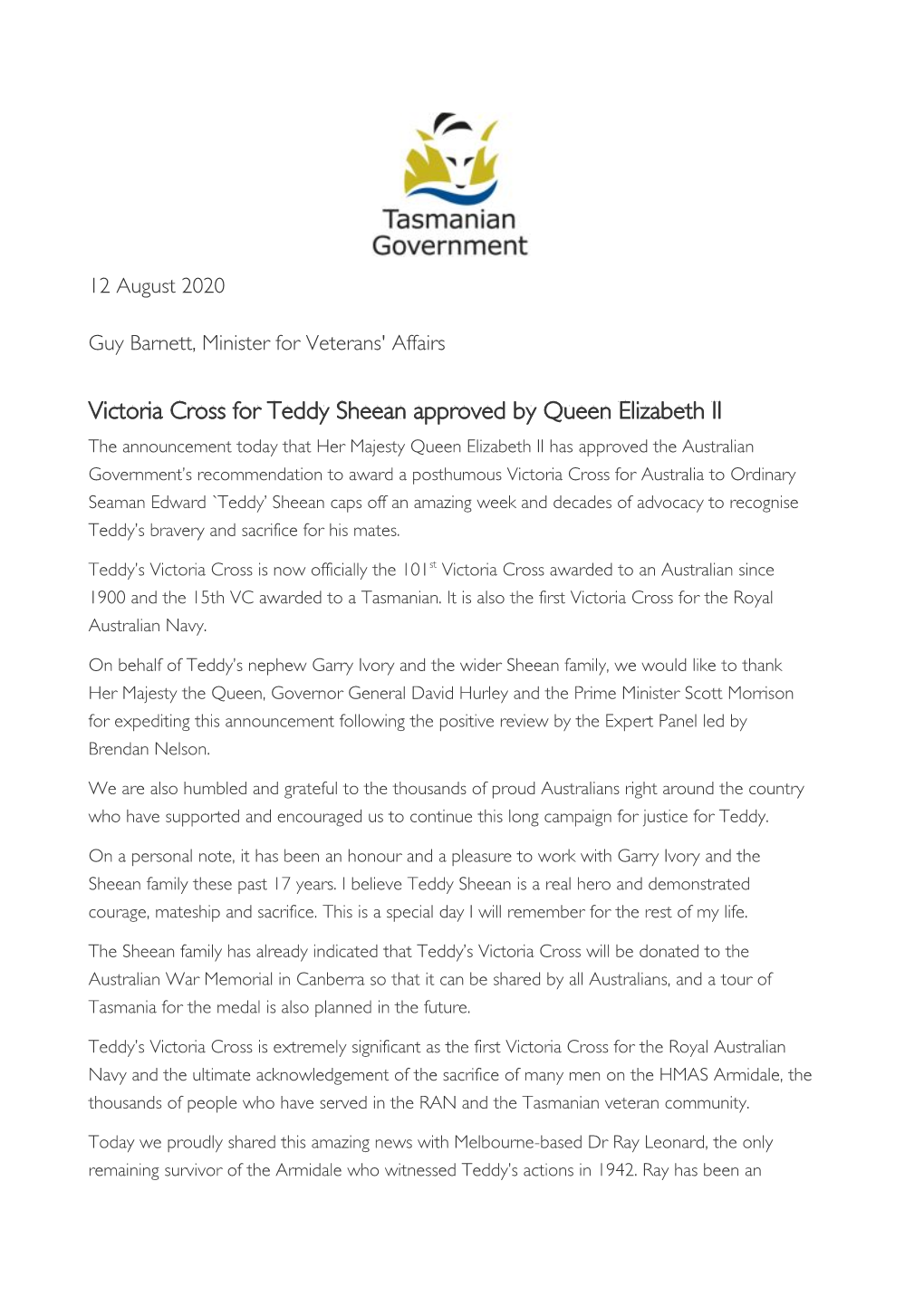 Victoria Cross for Teddy Sheean Approved by Queen Elizabeth II