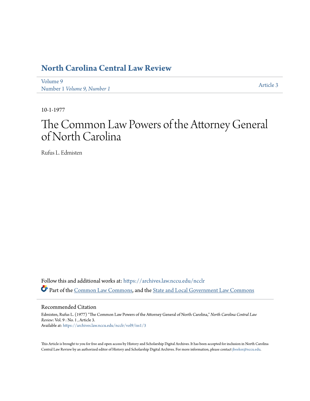 The Common Law Powers of the Attorney General of North Carolina