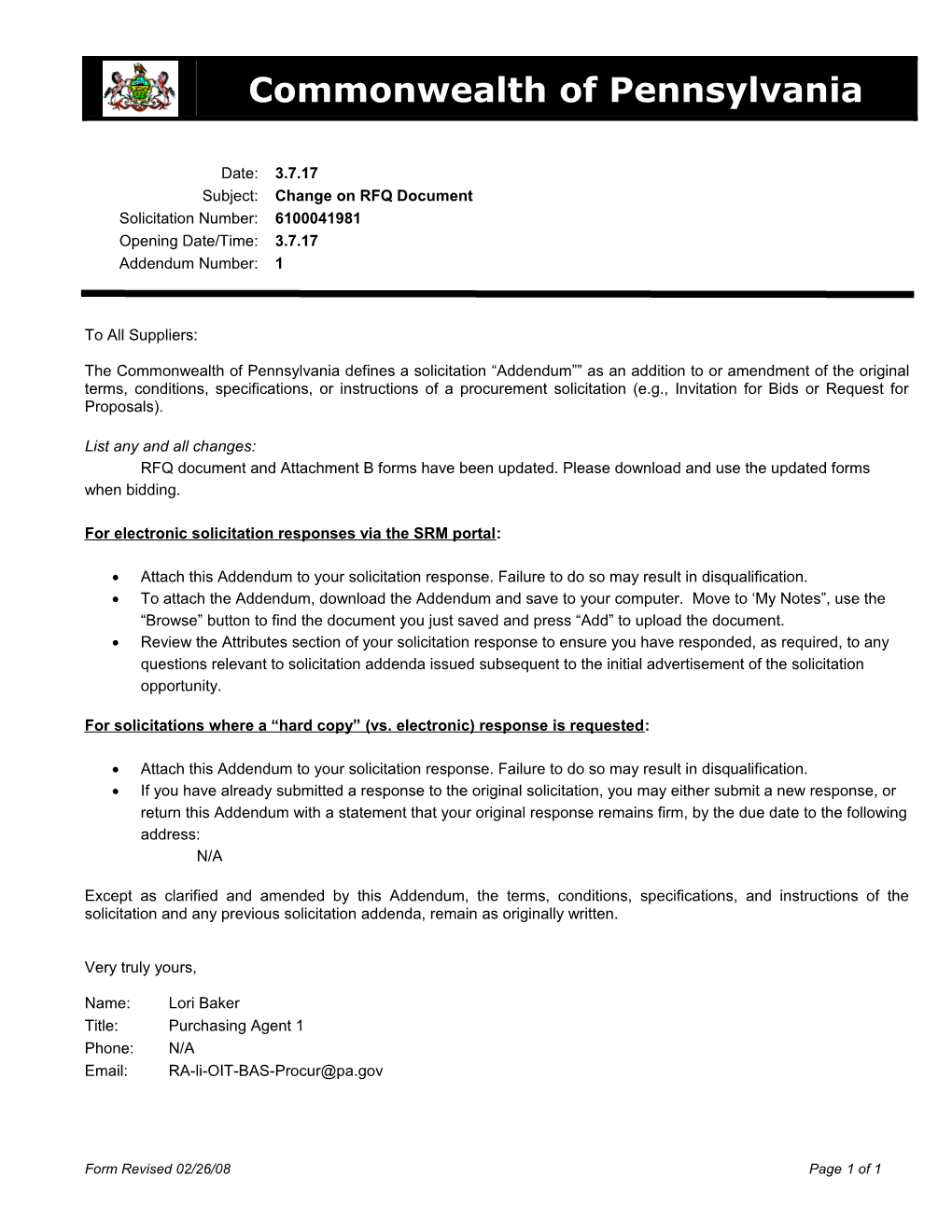 For Electronic Solicitation Responses Via the SRM Portal