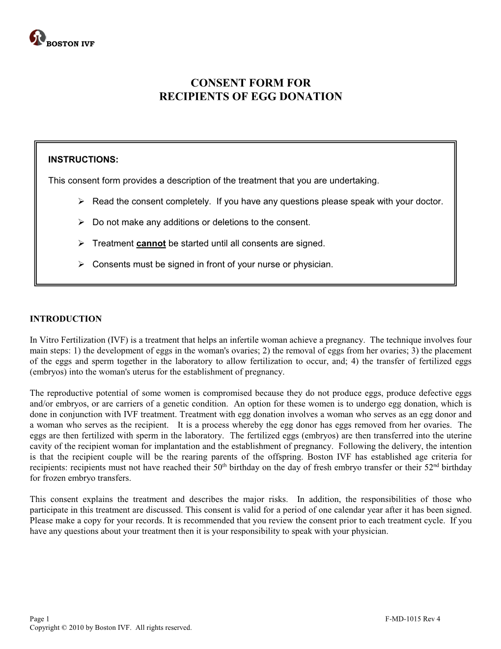 Consent Form for Recipients of Egg Donation