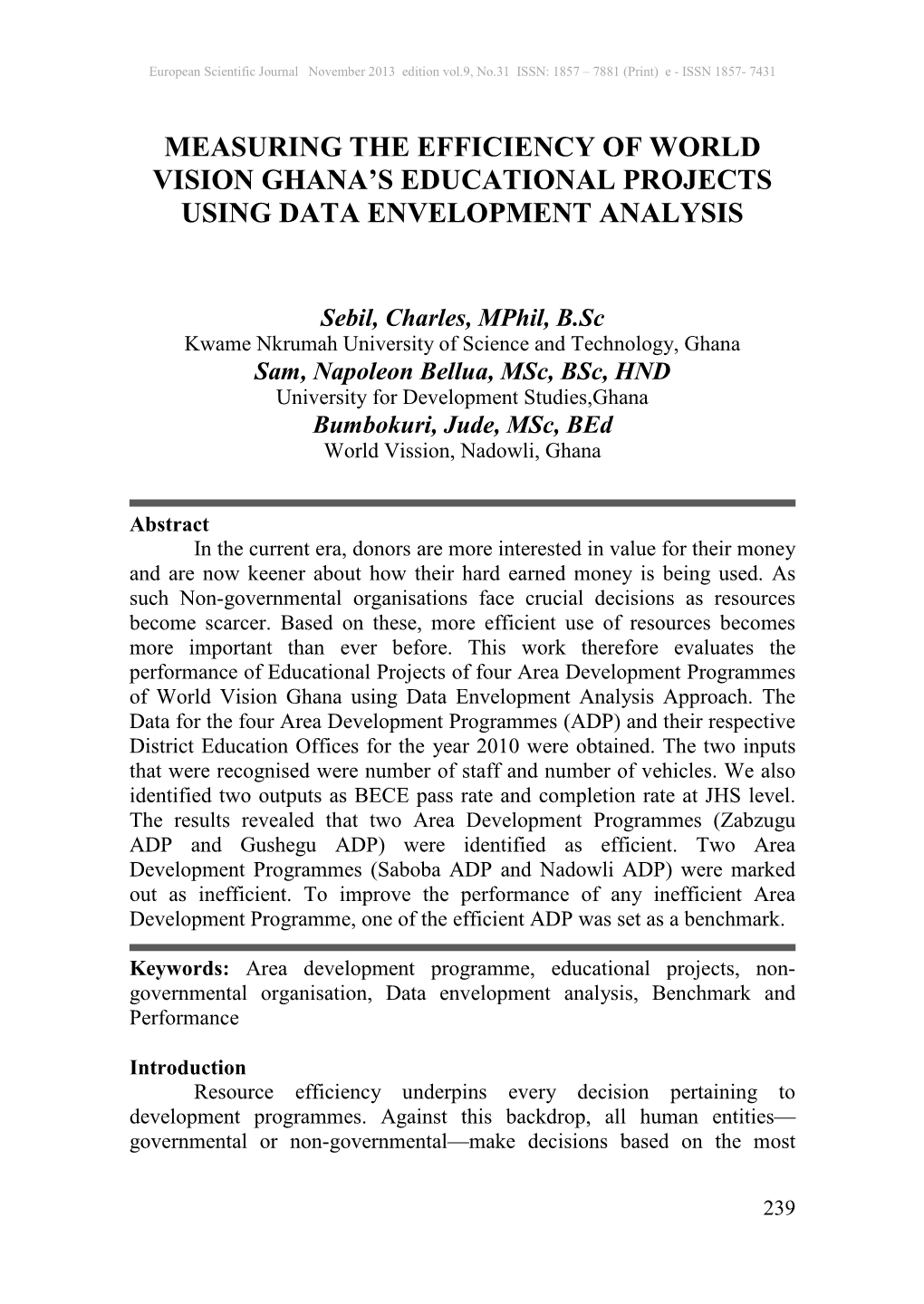 Measuring the Efficiency of World Vision Ghana's