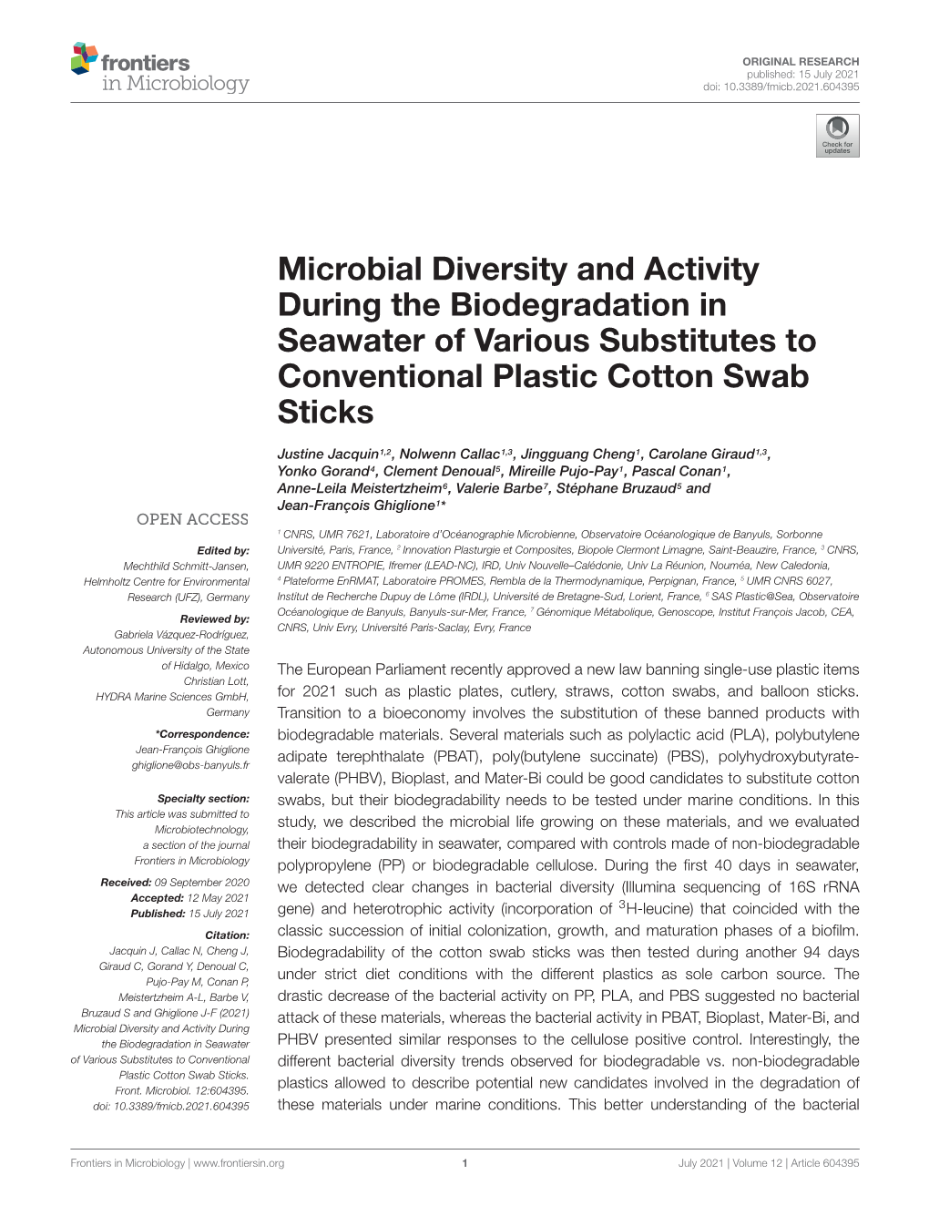 Microbial Diversity and Activity During the Biodegradation in Seawater of Various Substitutes to Conventional Plastic Cotton Swab Sticks