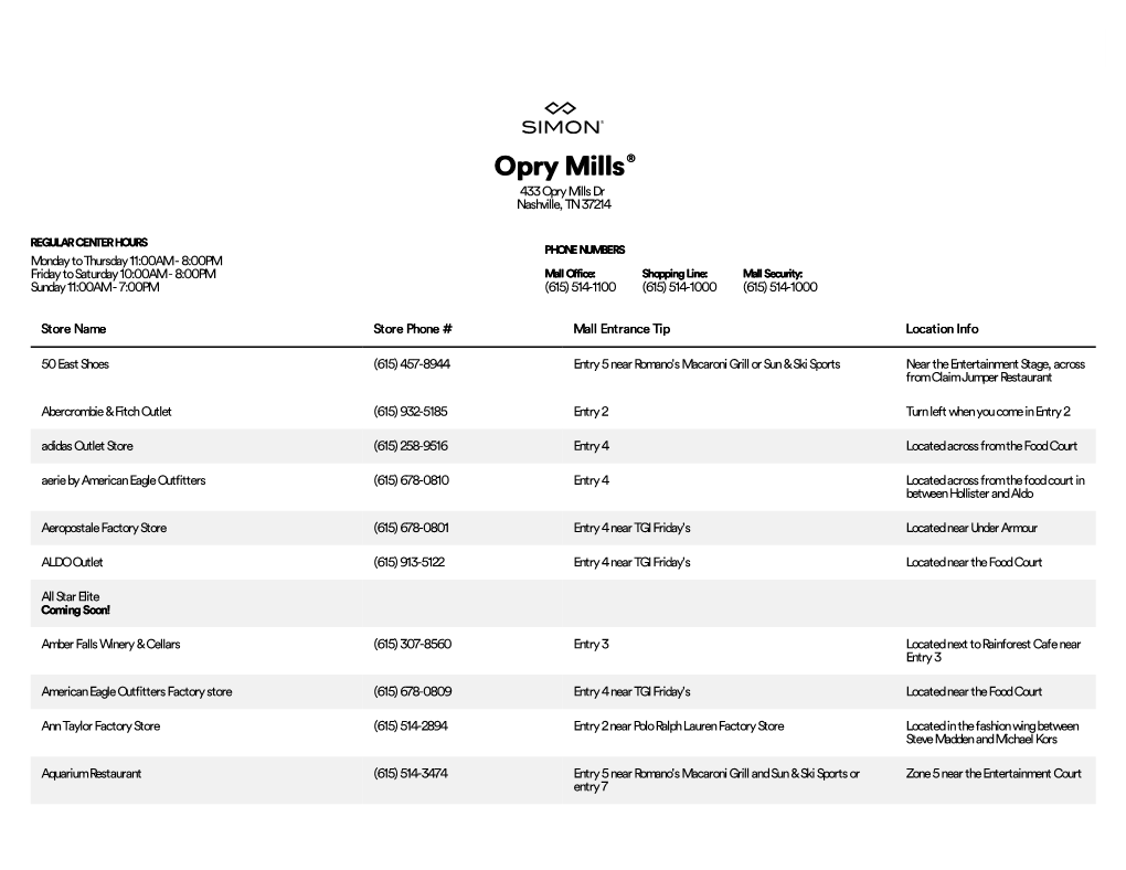 Complete List of Stores Located at Opry Mills