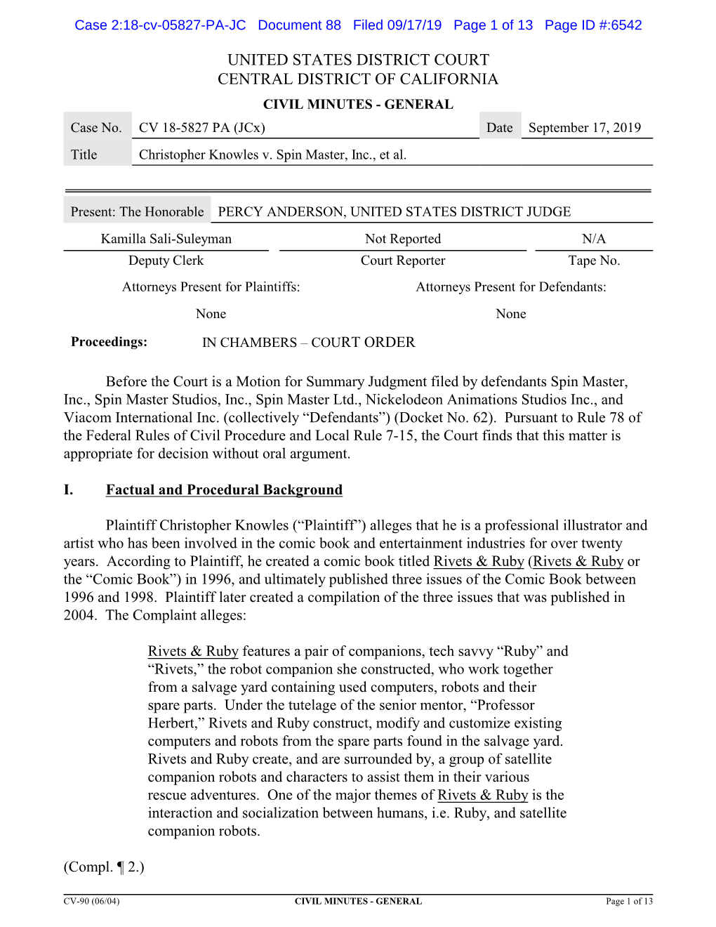 UNITED STATES DISTRICT COURT CENTRAL DISTRICT of CALIFORNIA CIVIL MINUTES - GENERAL Case No