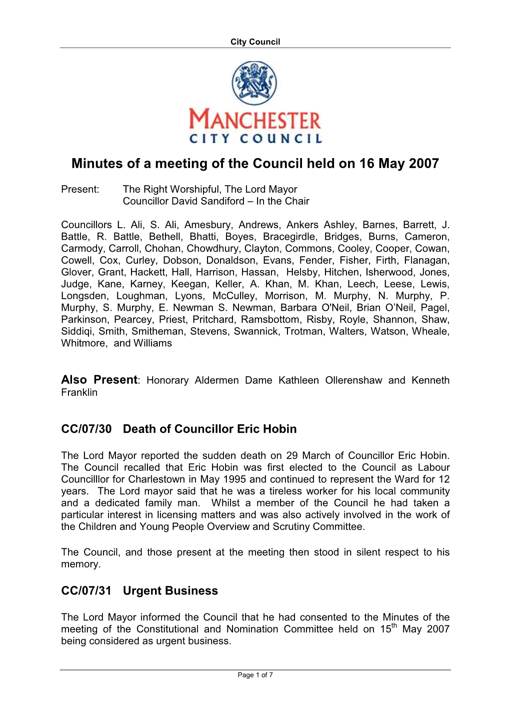 Minutes of the City Council Meeting on 17 May 2007