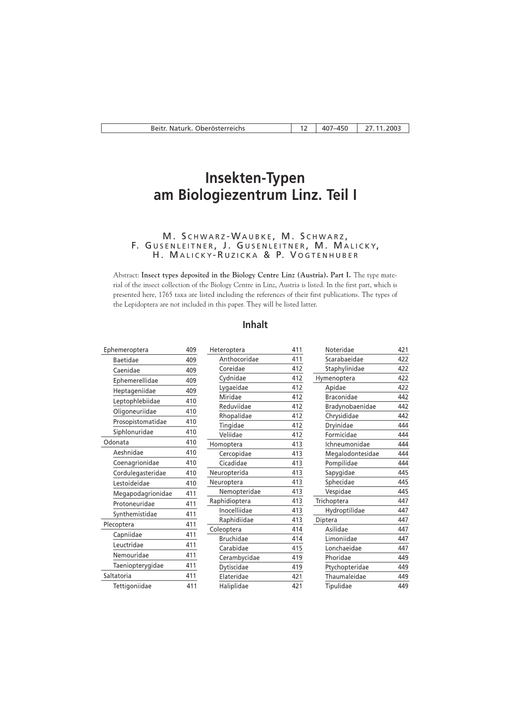 Insekten-Typen Am Biologiezentrum Linz. Teil I